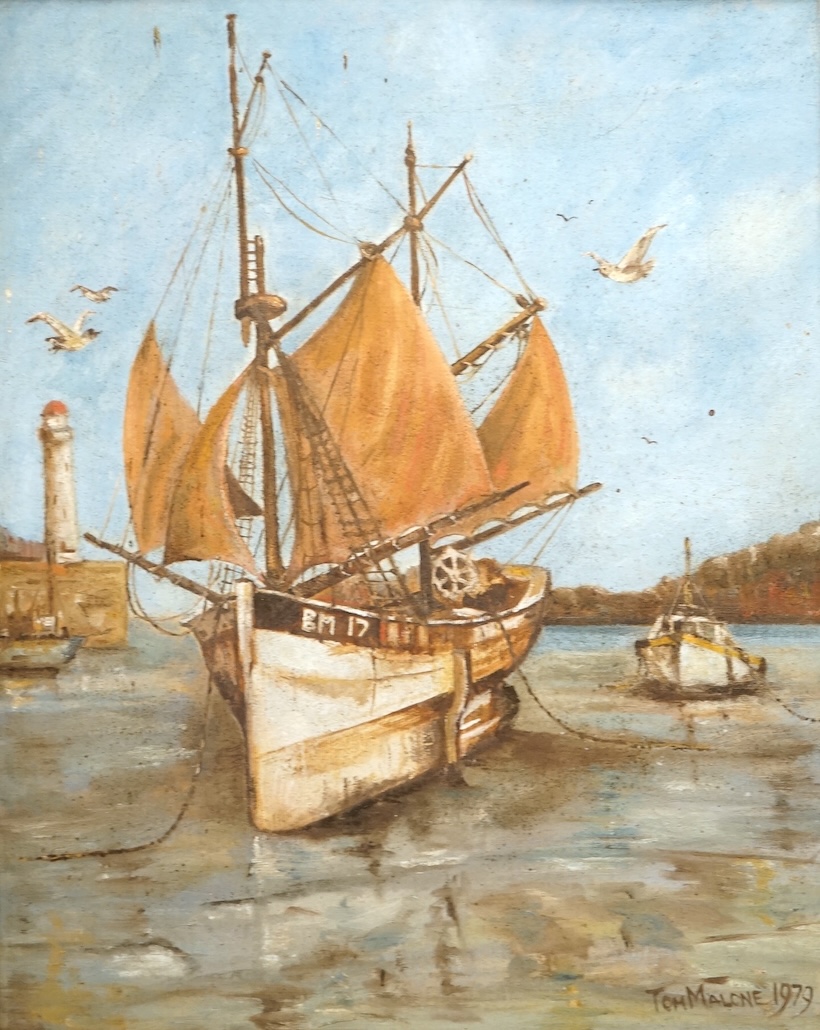 Tom Malone (1913-1986), Harbour view with beached fishing boat, signed and dated 1978, modern British oil on canvas board, 49 x 39cm